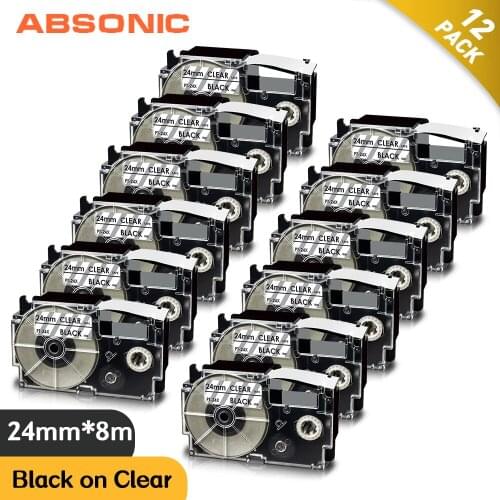 Absonic 10/12PCS XR-24X Compatible for Casio Black on Clear 24mm*8m Label Tape Replacement for Casio L-8200 KL-C500 Label Maker