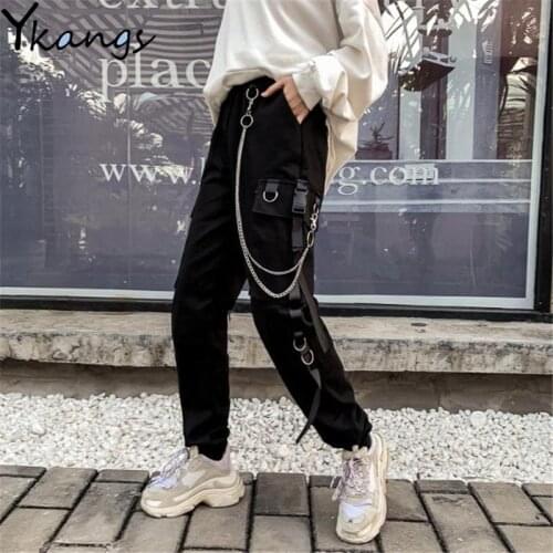 New Women Men Cargo Pants Harajuku Chain Pockets Ankle Trousers High Waist Chain Hip-hop Safari Style Harem Pants Streetwear