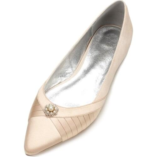 Creativesugar pointed toe pearls charm satin lady flats evening dress shoes elegant bridal wedding party prom low heel colors