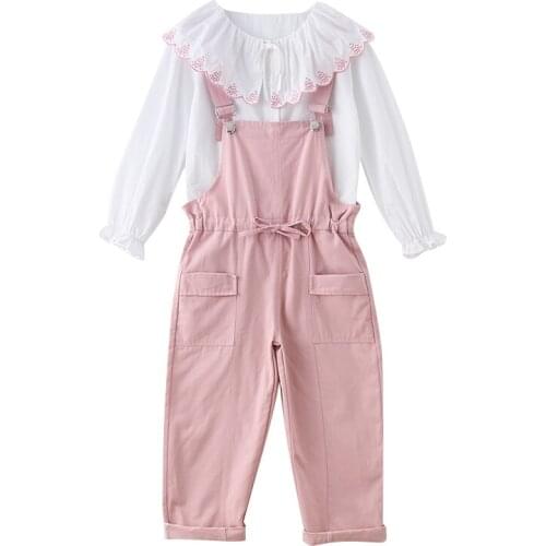 Kids 4-14 years girls fashion 2020 new spring/autumn flower lace collar top and cotton overalls suspender trousers teen clothes