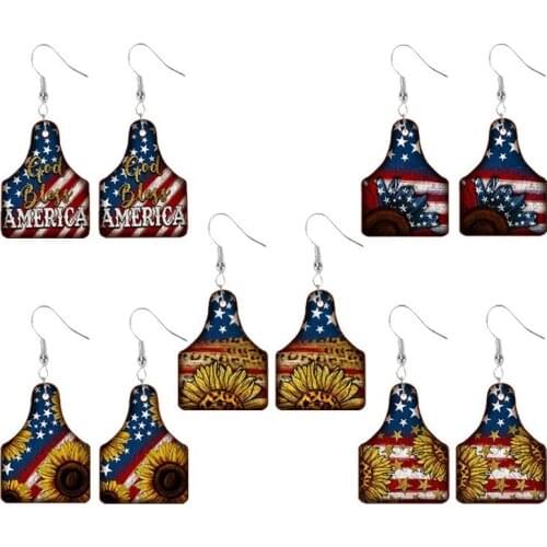 2021 Wholesale New Independence Day Retro Sunflower Pentagram Flag Double-sided Pu Leather Earrings
