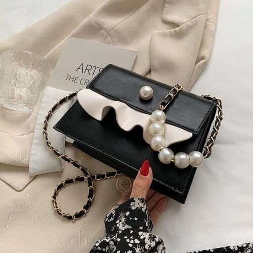 Elegant Design Womens Bags Pearl Chain Shoulder Bags 2021 Luxury Crossbody Bag High Quality Leather Square Handbag And Purse