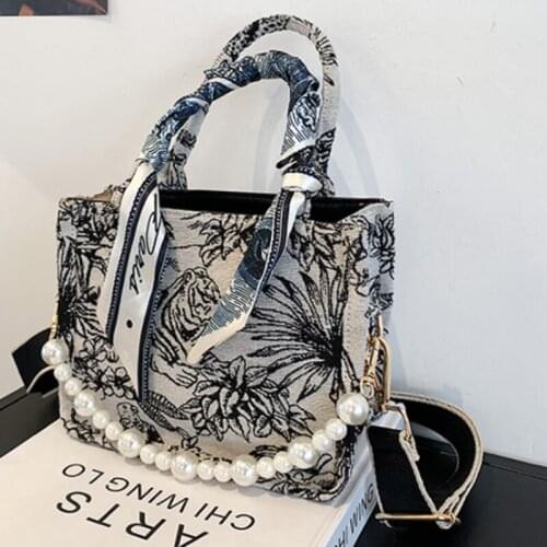 Pearl Handle Canvas Small Crossbody Bags 2021 Summer Fashion Lady Shoulder Handbags Retro Printed Messenger Bag
