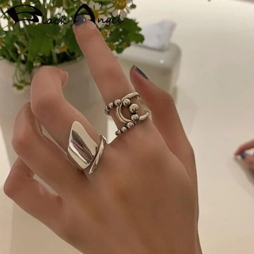 BLACK ANGEL 925 Sterling Silver Minimalist Vintage Personality Geometric Glossy Rings for Women Student Simple Jewelry Gift