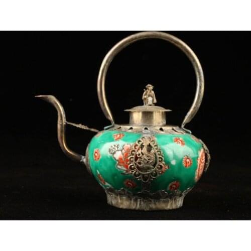 Collection Handmade Old decorated porcelain Tibetan Silver Monkey Teapot