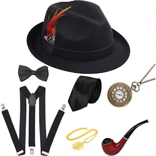 Mens 1920s 20s Gangster Set Hat Braces Tie Vintage Pocket Watch Costume Pipe Necklace Gatsby Costume Accessories
