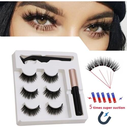 Huiyun 3 Pairs Set Super Magnetic Eyelashes False Lashes Repeated Use Eyelashes Waterproof Liquid Eyeliner With Tweezer Makeup