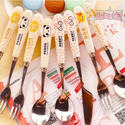 New Arrival Polka Dot Animals Ceramic Handle Stainless Steel Spoon Fork Knife Kit Creative Cartoon Tableware Dinner Set 3Pcs/Lot