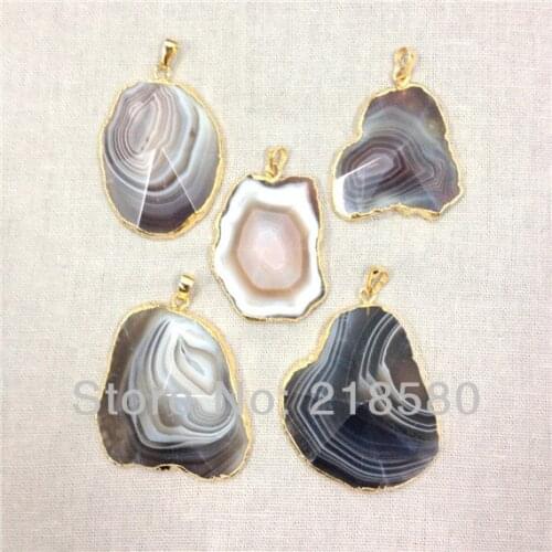 H-DP91 Brown Gray Agates Onyx Pyramid Pendant Charm with Gold Electroplated Trim