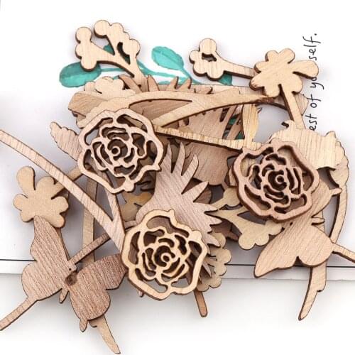 Mixed Styles Beautiful Flowers Rose DIY Wooden Chips Decorative Embellishments Crafts Scrapbook Hand-made Graffiti Buttons 30Pcs