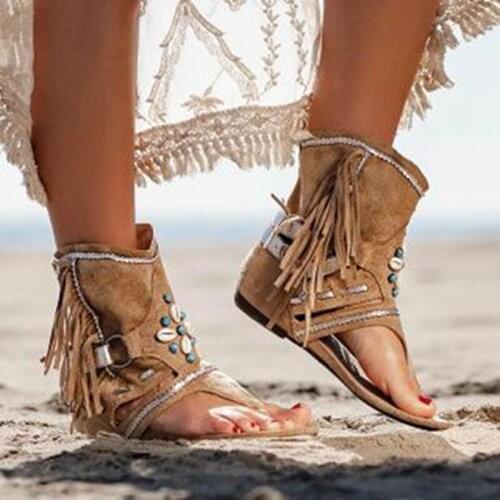 Retro Women Fringe Flower Wedges Shoes 2021 Solid Flock Beach Casual Sandals Women Summer Flip Flop Sandals
