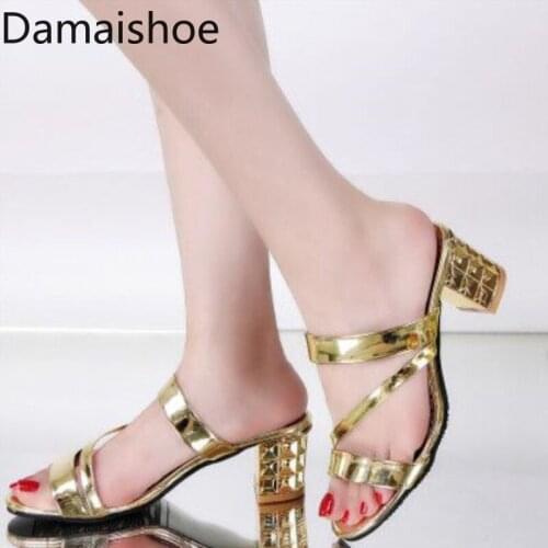 Summer New Fashionable Mid Heel Chunky Heel Womens Slides Open Toe High Heel Comfort Rhinestone Temperament Ladiessands