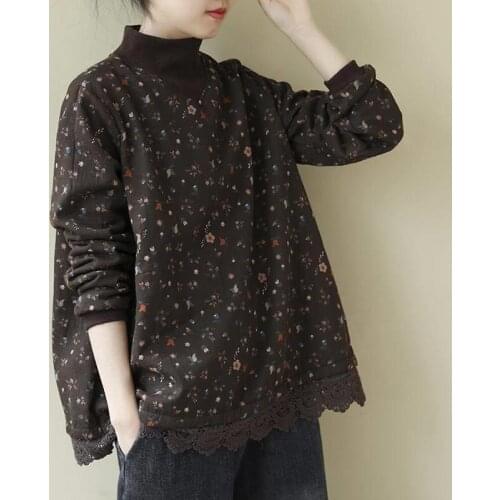 Women Vintage Casual Sweatshirt 2021 Spring Autumn New Plus Size Print Turtleneck Long Sleeve Loose Female Hoodies Pullovers 4XL