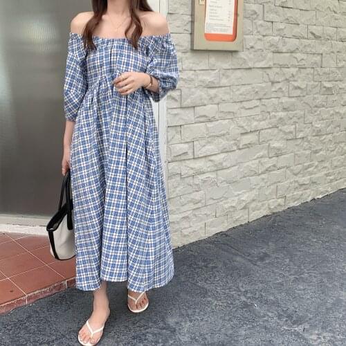 Vintage Plaid Pattern Summer Slash Neck Woman Dress Puff Short Sleeve Dresses YOU427