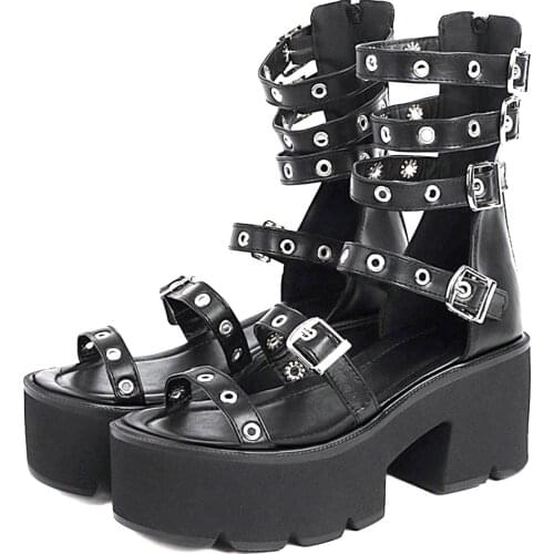 2021 Brand New Platform Comfortable Walking Chunky Heels Gladiator Buckles Black Gothic Style Summer Sandals Fashion Women Shoes