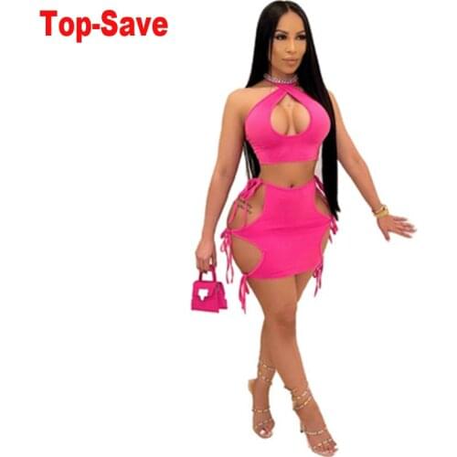 Halter Sexy Crop Top And Mini Skirts Two Piece Rave Festival Matching Set Fashion Hollow Out Outfits Evening Party Dress Women