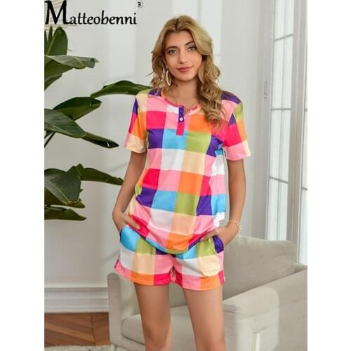 Summer Women New Color Plaid Printing T-Shirt Home Service Casual 2-Piece Suit Loose Short-Sleeved Top And Shorts 2 Pieces Suit