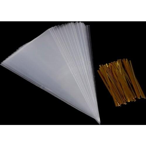 100PCS Clear Plastic Cone Shape Cellophane Bags Transparent Candy Bag Sweet Sugar Popcorn Flower Packing Bag Birthday Wedding