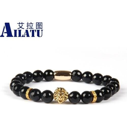 Ailatu Fashion 8mm Faceted Blue and Black Onyx Stone Beads with PVD Plated Lion Head Bracelet Mens Elastic Animal Shape Jewelry