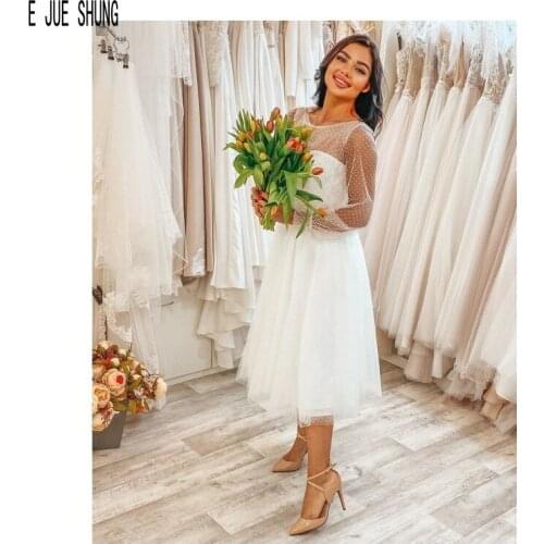 E JUE SHUNG Elegant Short Tulle Wedding Dresses Illusion Long Sleeves Scoop Neck Zipper Back Boho Wedding Gowns robe de mariee