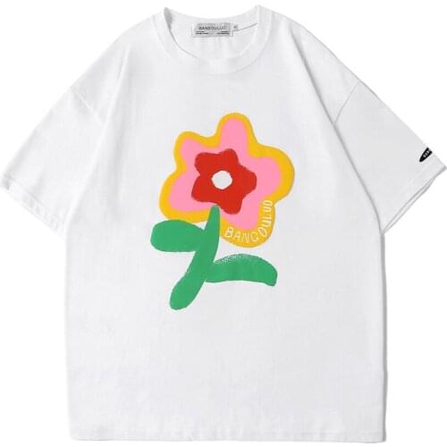 Flower printed short-sleeved T-shirt mens pullover five-minute sleeve lazy wind trend loose half-sleeve T-shirt