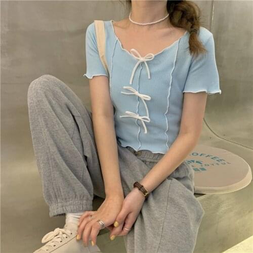 HELIAR Women Cute Knitted T-shirts Crop Tees Female Cute Tops Sweet O-Neck Solid Casual Ruffles Bowknot T-shirts For Women