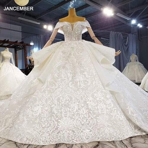 HTL1999 Shawl Yarn Sequined Wedding Dress 2021 Short Sleeve Sexy Deep V-Neck Ball Gowns Appliques Crystal