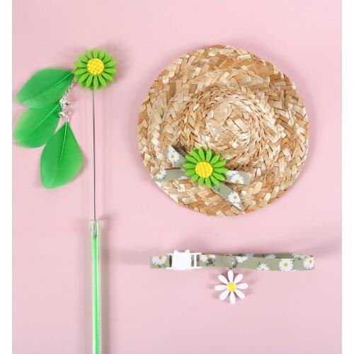 Pet Cat Dog Toys Suit Daisy Sunshade Hat Flower Bell Stick Print Necklace Summer Beach Party Holidays Suit Photography Props