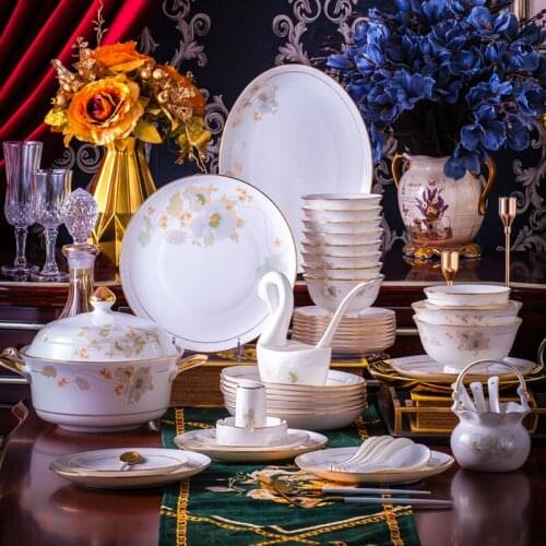 60 Heads Jingdezhen Ceramic Dinner Dish Rice Bowl Soup Bowl Salad Noodles Bowl Plate Dinnerware Set Kitchen Tableware