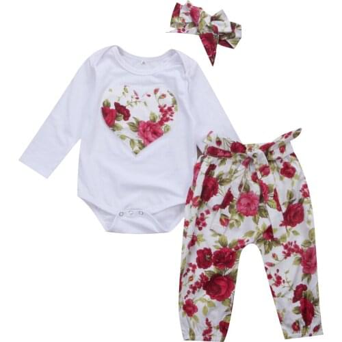 3PCS Newborn Baby Girl Floral Clothes Jumpsuit Bodysuit +Long Pants+Headband 3pcs Outfit Size 0-24M