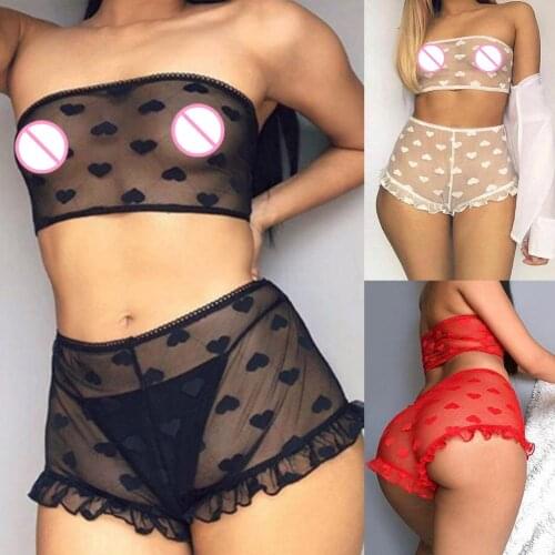 2pcs Sexy Underwear Set Women See Through Heart Print Lace Tube Top Bra Shorts G-string Set Ladies Nightwear Sleepwear Sets