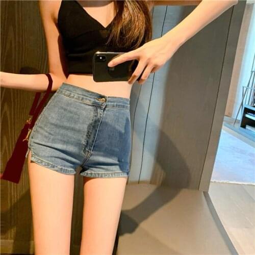 Retold summer new tight elastic hip wrap skinny jean shorts slit slim hot pants for women