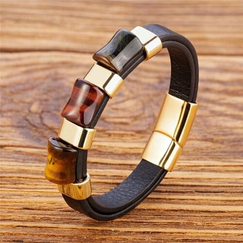 New Fashion Tigers Eye Stone Chakra Jewelry Charm Stainless Steel Mens Leather Bracelet 100% Natural Stone Bracelet Wholesale