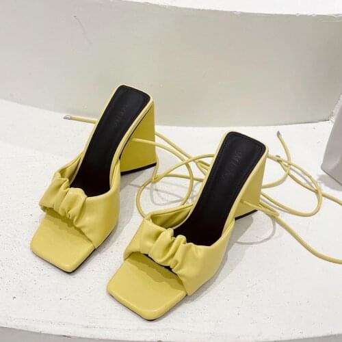 Summer Brand Women Designer Chunky High Heels Slides Mules Open Toe Yellow White Heels Lace Up Sandals Shoes Plus Size Slippers