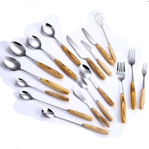 Flatware Wooden Handle Table Set Stainless Steel Cutlery Set Metal Silverware Forks And Spoon set Knife Dessert Spoons Sets