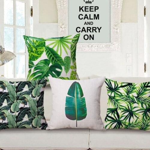 Plant Cotton Linen Pillow Case Green Leaf Printed European Style Decorative Pillow Cover Throw Pillows, 45*45 CM