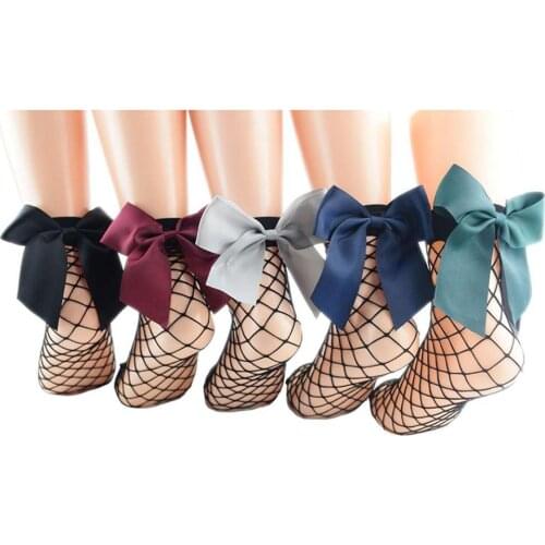 Summer Women Fishnet Cute Bowknot Socks Black Mesh Short Ankle Sexy Chic Young Girls Harajuku Lolita-Style Mesh Hollow Out Socks