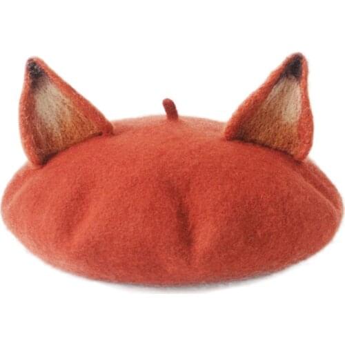 New Retro For Womens Cute Fox Ear Beret Caps Wool Blend Casual Warm Painter Hat Handmade Nick Cat Ear Beret Hat Hot Gift TG0283
