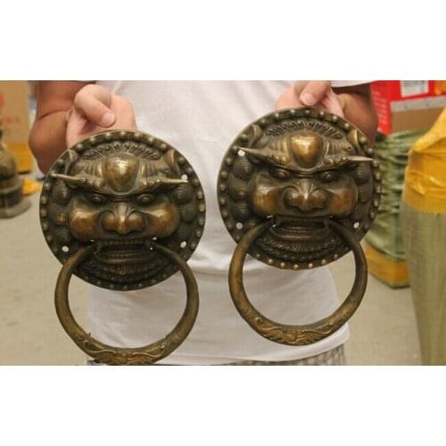 Wholesale factory 10" Decoration Brass Chinese Bronze Lucky Bat Fu Lion Head Statue Door Ring Knocker Pair