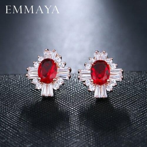 EMMAYA Luxury Gold Color Big Red Cubic Zirconia Stone Fashion Bridal Wedding Stud Earrings Jewelry Accessories