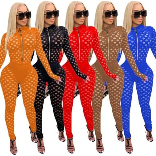 Sexy Fishnet Hollow Out See Through Club Party Skinny Jumpsuit Women Turtleneck Long Sleeve Plaid Hole Romper Outfit Overalls