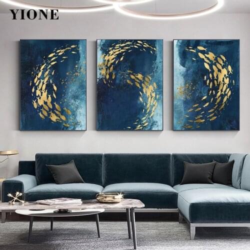 Blue Luxury Golden Fish Canvas Paintings Custom Abstract Art Posters Wall Prints Pictures for Living Room Bedroom Decoration