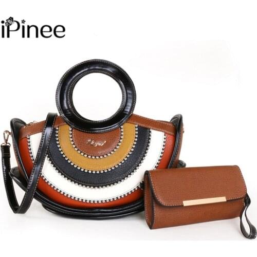 IPinee PU Leather Purse Handbags Women Bead Chain Designer Bag Big Top-Handle Lady Shoulder Bags 2Set Tote Wallet