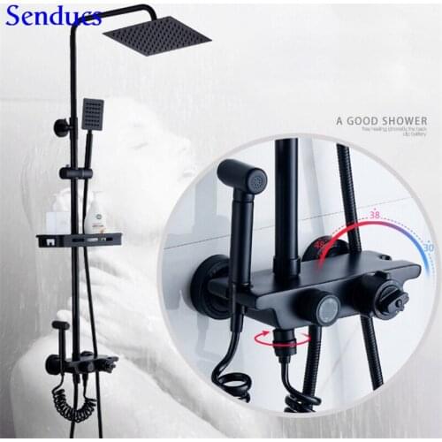 Senducs Black Thermostatic Shower Set Raining Top Shower Black Bathroom Shower Body with Quality Brass Black Bath Shower Set