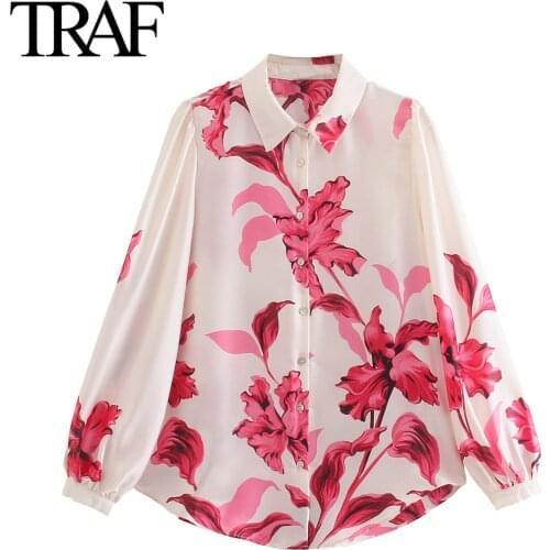 Traf Za Women Fashion French Elegant Loose Button White Shirt Vintage Lantern Sleeve Floral Blouses Office Ladies Tops Mujer