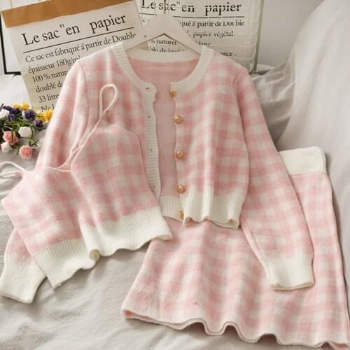 Sweet Plaid Knitted Three Piece Set Women Single Breasted Cardigans + Camis Tops + Elastic Waist Mini Skirts Set Knitwear B702