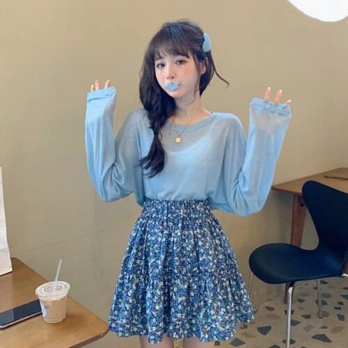 Women Two Pieces] Sunscreen Shirt + Short Skirt Two-piece Floral Pleated Skirt Female High Waist Suit Skirt 2021 New Summer