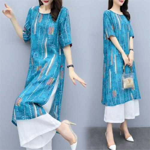 Spring Summer Women 2 Two Piece Set Female bule print Tops + Wide Leg Pants Suits Outfits Lady Plus Size 3XL Slim Tracksuit