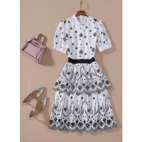 Womens American European and dress 2021 summer new styles Short - sleeved stand - collar flower embroidery Fashion white dress