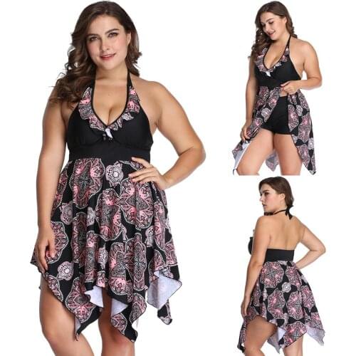 Plus Size Beach Flower Print Halter Women Swimdress Briefs Two-Piece Tankini Set Perfect for tropical vacations summer beach poo